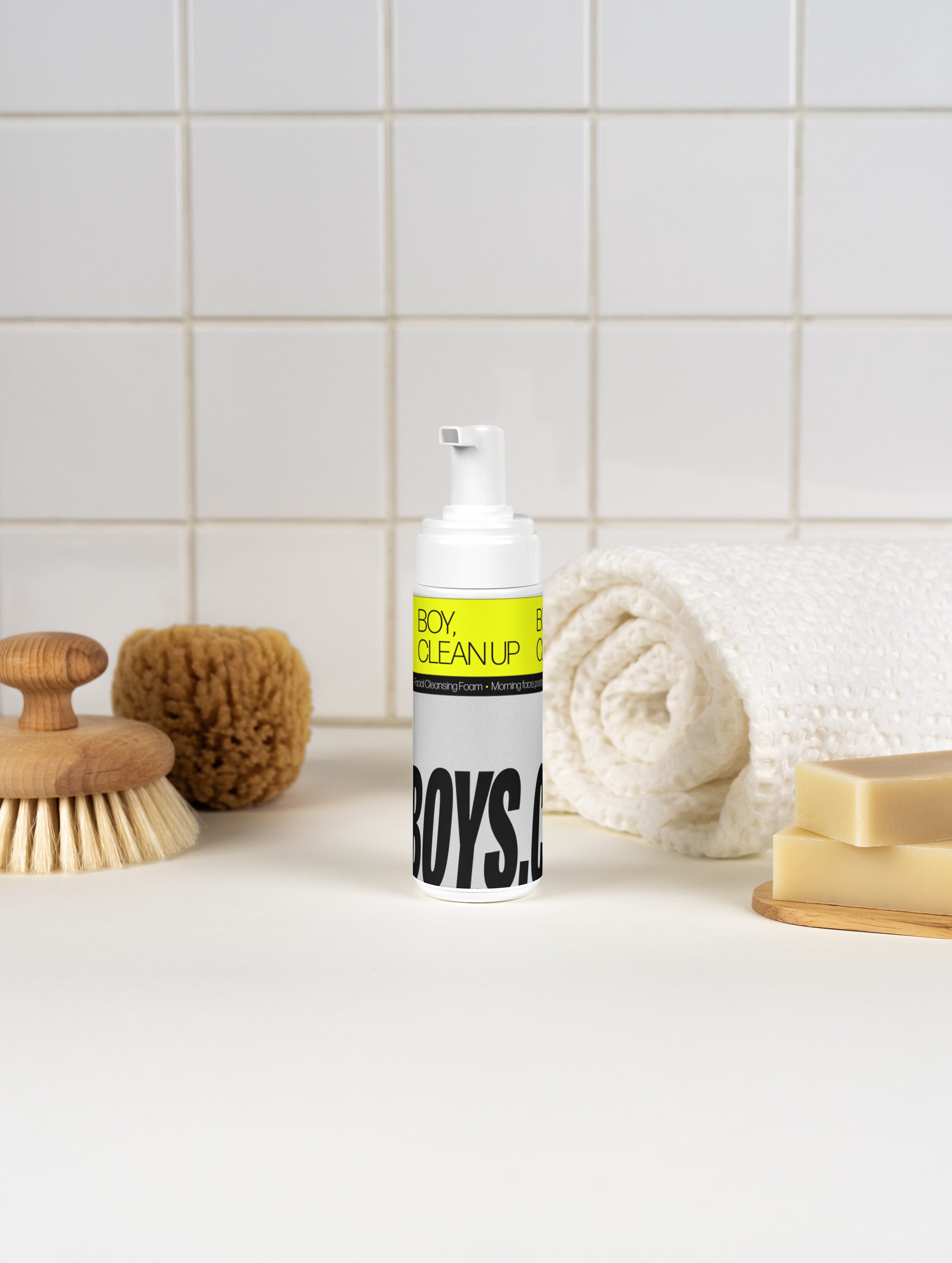 BOY, CLEAN UP cleansing foam in a bathroom.