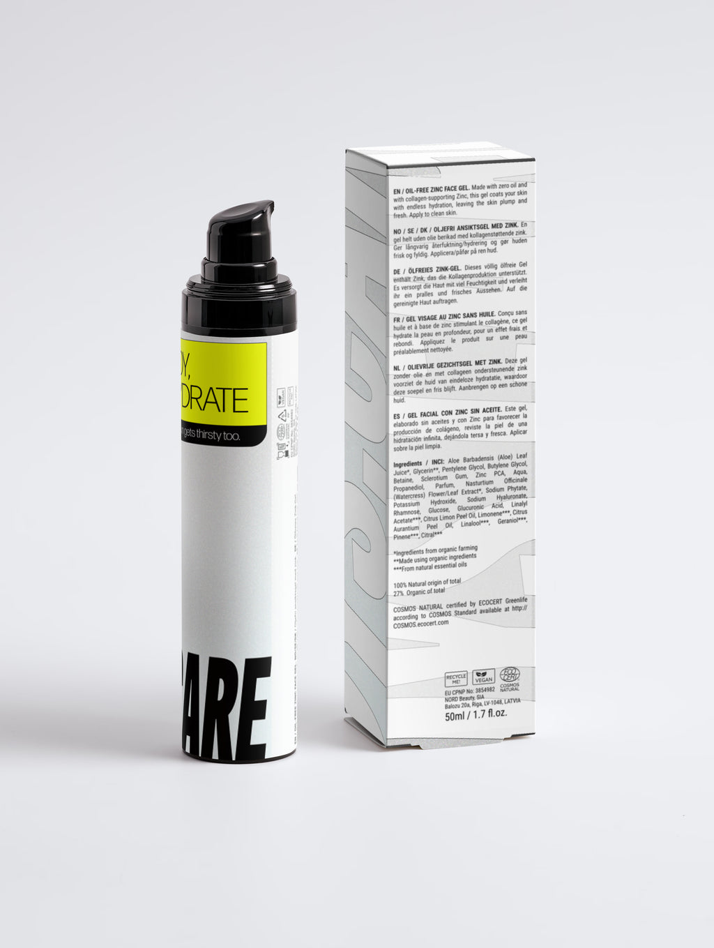 Side view of BOY, HYDRATE zinc face gel.
