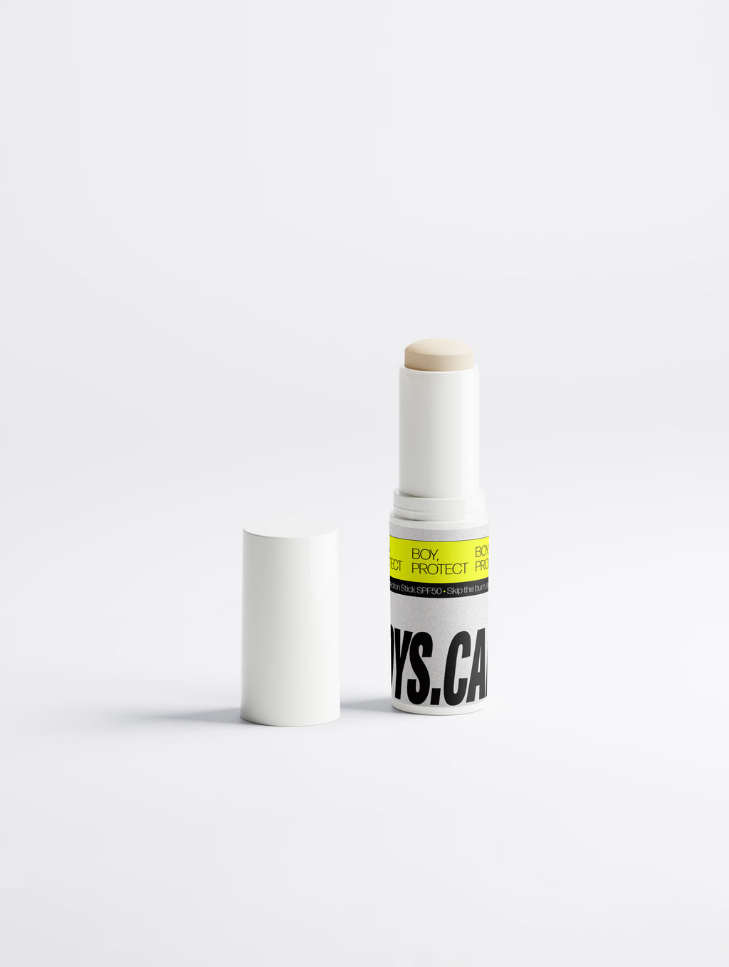 Lid off image of BOY, PROTECT SPF50 sunscreen stick