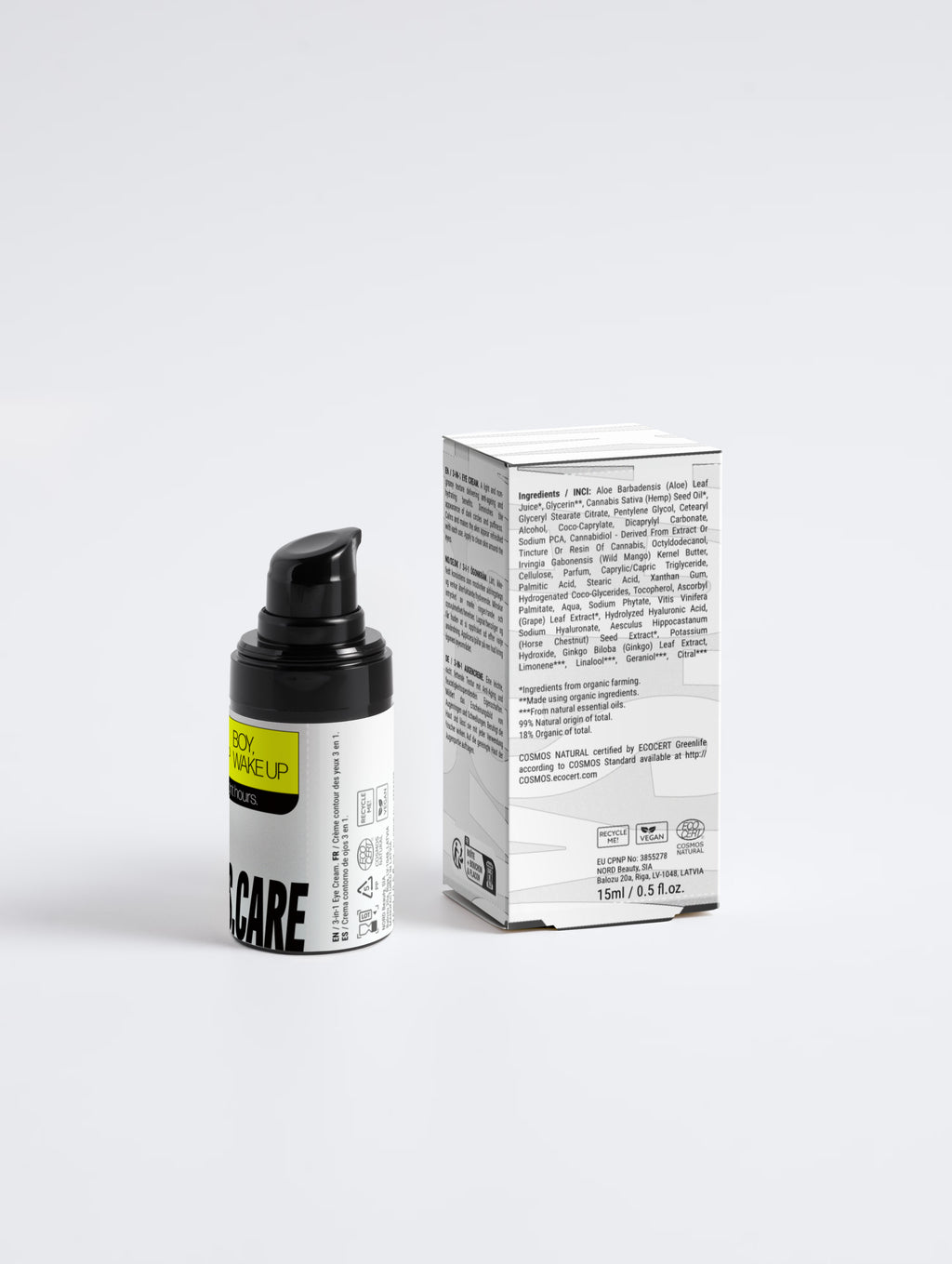 Side view of BOY, WAKE UP eye cream.